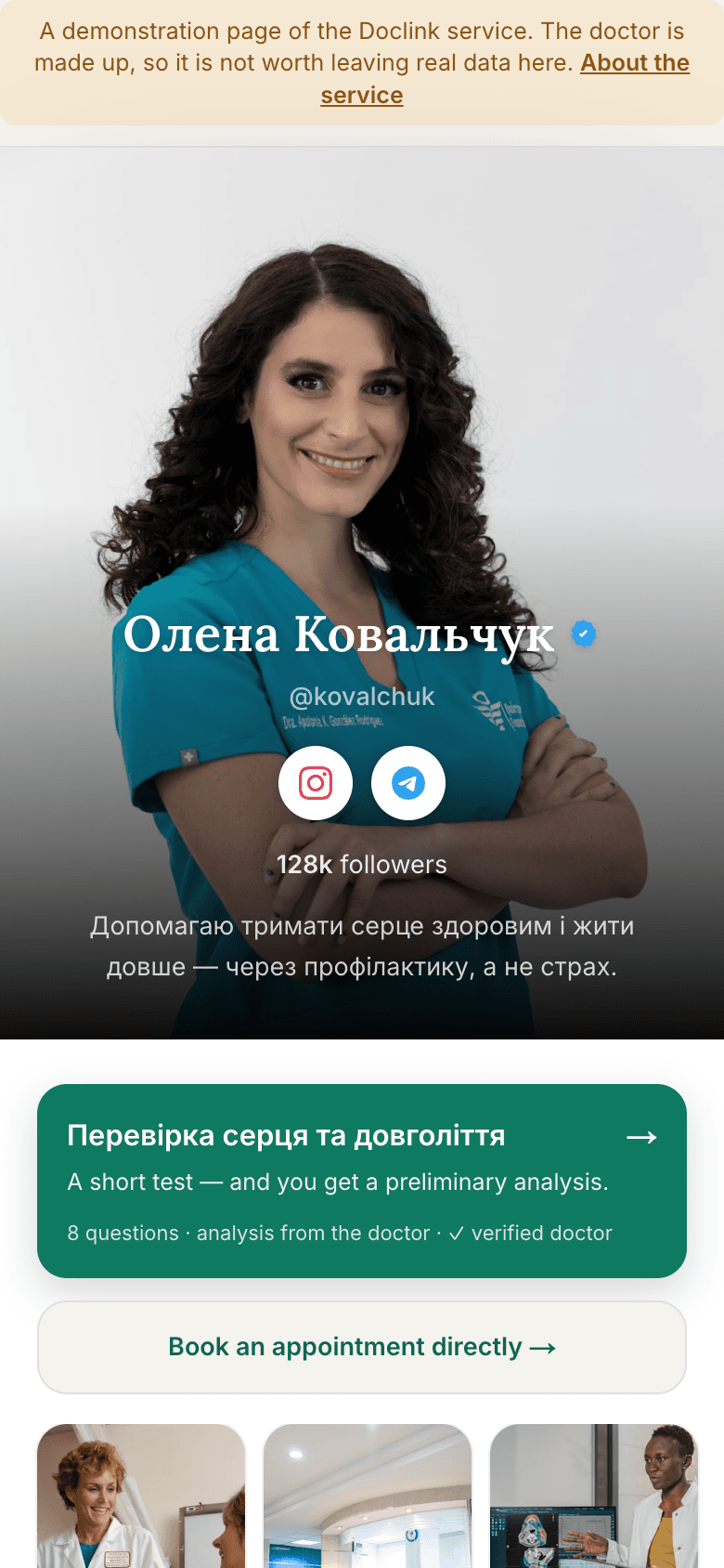 A doctor's page on a phone screen: photo, name, social links, description and a «Heart and longevity check» button